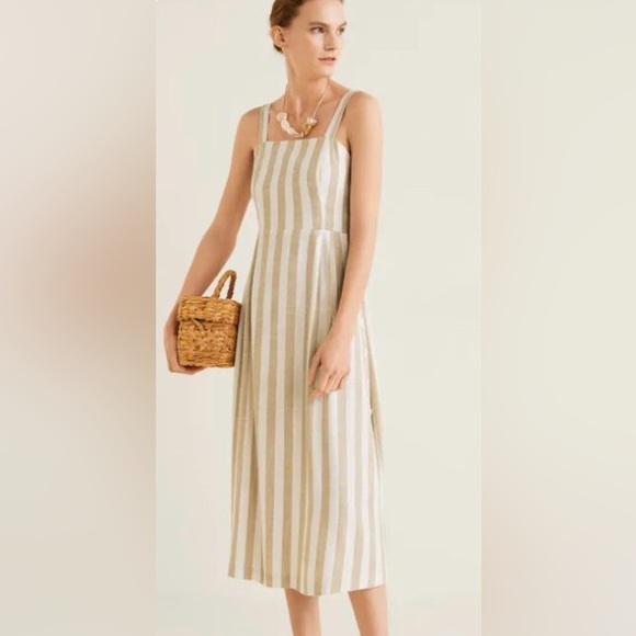 Mango Dresses & Skirts - Mango A-Line Linen Dress Sz 2 Square Neck Midi Side Buttons Tan White Stripe New
